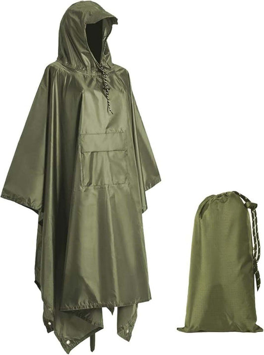 Waterproof Rain Jacket 3-in-1 Multifunctional Hooded Poncho, Green, with Tarp Underlay, Breathable and V1188-MS-325-1797