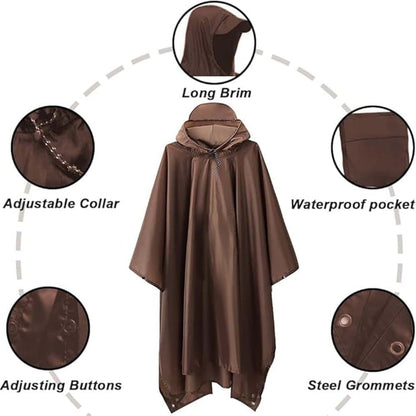 3-in-1 Waterproof Rain Jacket Poncho with Hood, Breathable for Outdoor Activities, Brown V1188-MS-325-1799