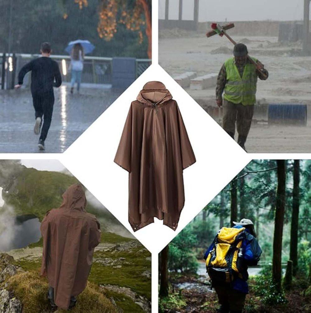 3-in-1 Waterproof Rain Jacket Poncho with Hood, Breathable for Outdoor Activities, Brown V1188-MS-325-1799