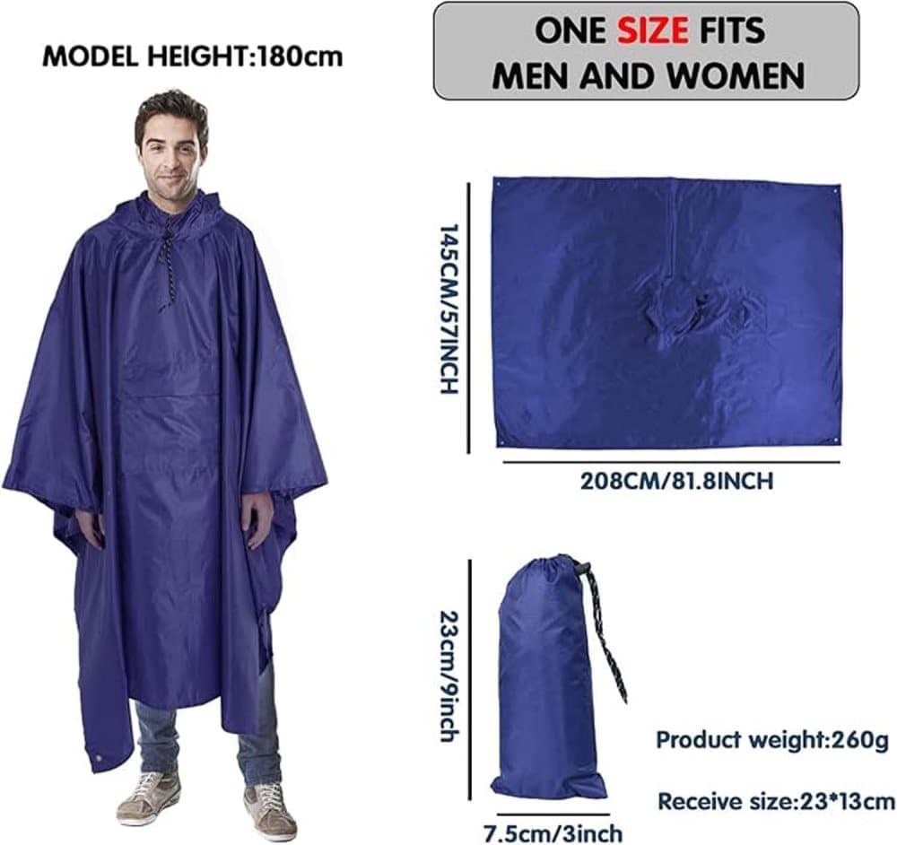 3-in-1 Waterproof Rain Jacket Poncho with Hood, Breathable for Outdoor Activities, Blue V1188-MS-325-1800