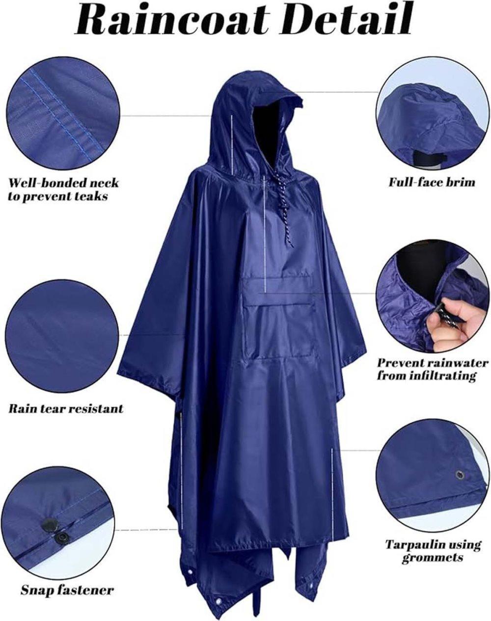 3-in-1 Waterproof Rain Jacket Poncho with Hood, Breathable for Outdoor Activities, Blue V1188-MS-325-1800