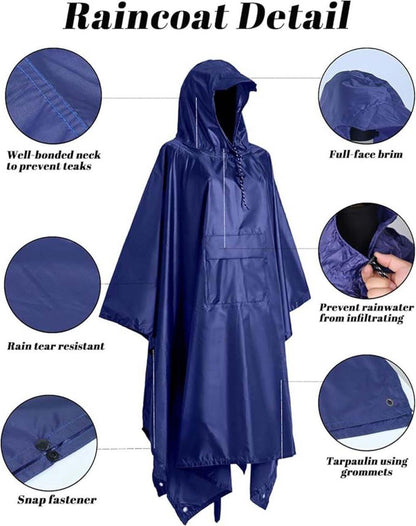 3-in-1 Waterproof Rain Jacket Poncho with Hood, Breathable for Outdoor Activities, Blue V1188-MS-325-1800