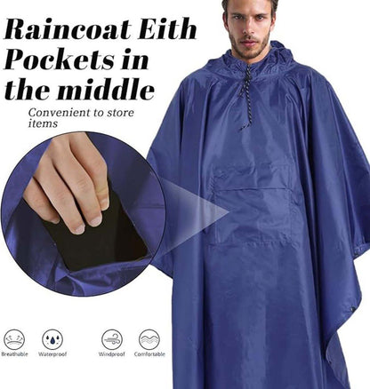 3-in-1 Waterproof Rain Jacket Poncho with Hood, Breathable for Outdoor Activities, Blue V1188-MS-325-1800
