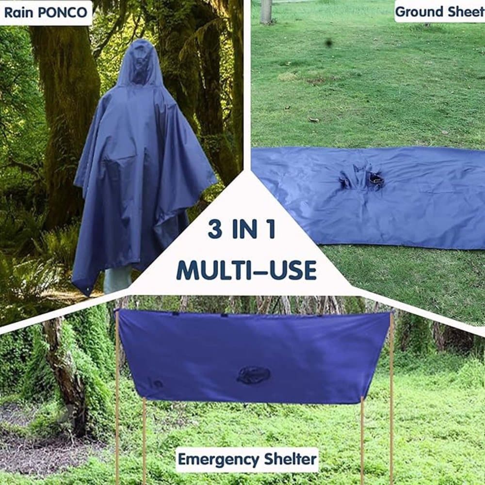 3-in-1 Waterproof Rain Jacket Poncho with Hood, Breathable for Outdoor Activities, Blue V1188-MS-325-1800