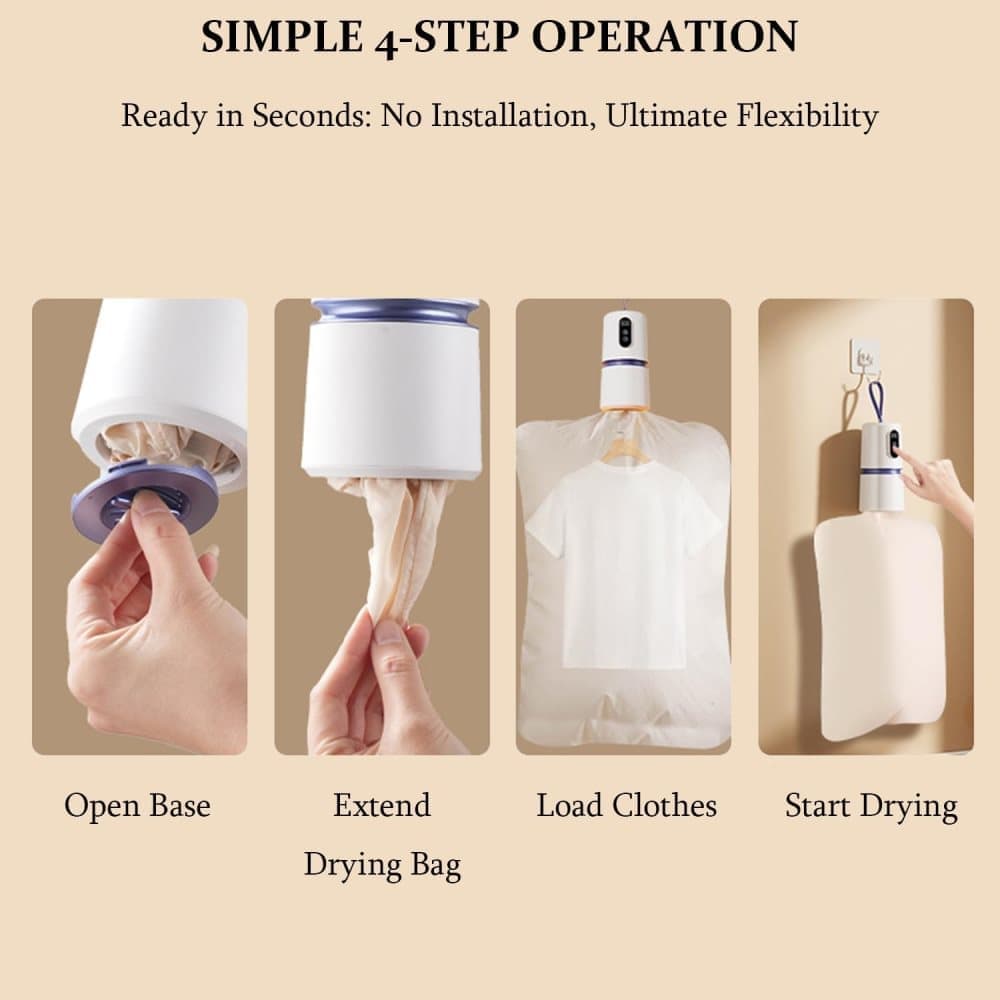 Portable dryer 360 degrees hot air with drying bag, quiet operation, 30-240 minute timer, perfect for travel V1188-MS-325-1808