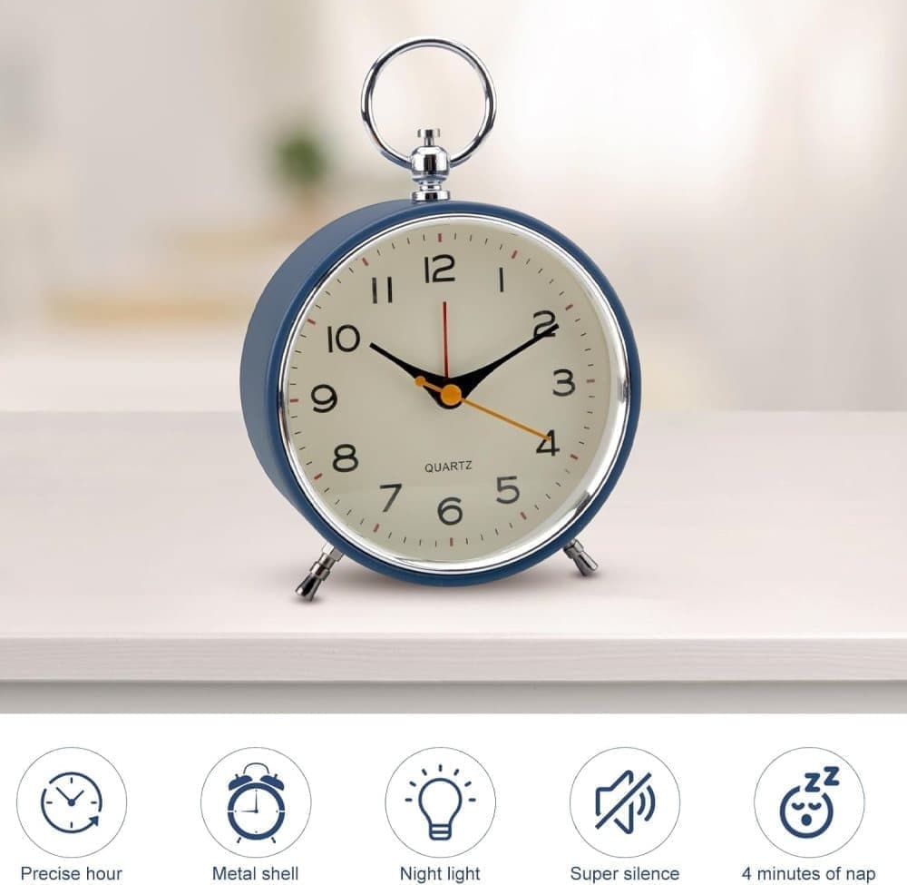 Silent Analog Alarm Clock with Snooze Button, Retro Design and Lighting, 16x11 cm, Blue V1188-MS-325-1809