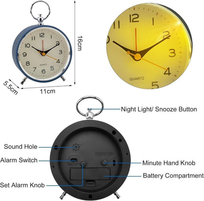 Silent Analog Alarm Clock with Snooze Button, Retro Design and Lighting, 16x11 cm, Blue V1188-MS-325-1809