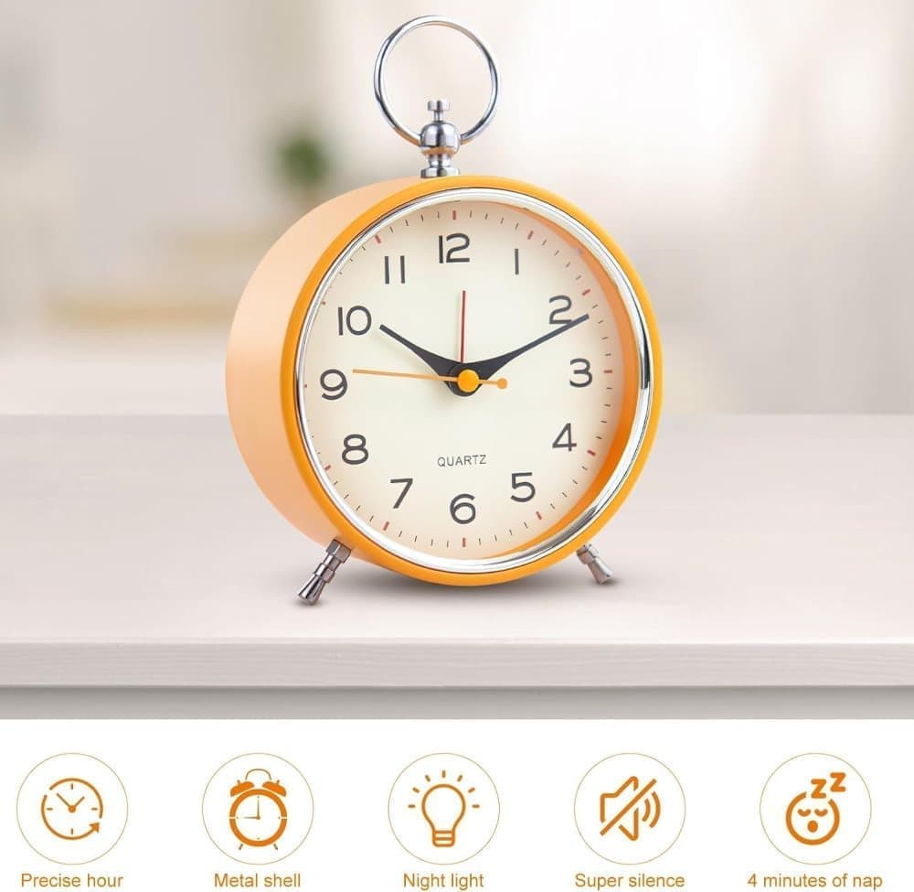 Silent Analog Alarm Clock with Snooze Button, Retro Design and Lighting, 16x11 cm, Orange V1188-MS-325-1810
