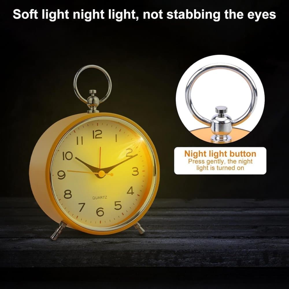 Silent Analog Alarm Clock with Snooze Button, Retro Design and Lighting, 16x11 cm, Orange V1188-MS-325-1810
