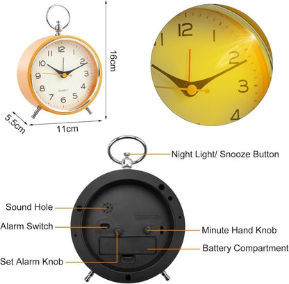 Silent Analog Alarm Clock with Snooze Button, Retro Design and Lighting, 16x11 cm, Orange V1188-MS-325-1810