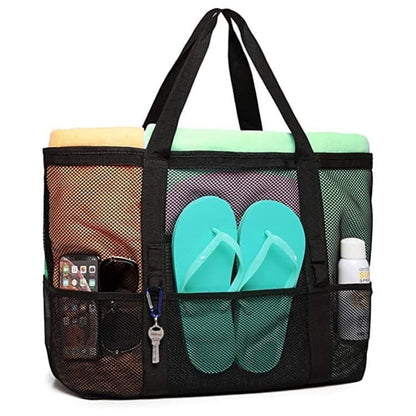 6 Pockets Mesh Beach Bag, Foldable Picnic Bag for Family, Compatible with Oral-B, Large, Black V1188-MS-325-1821