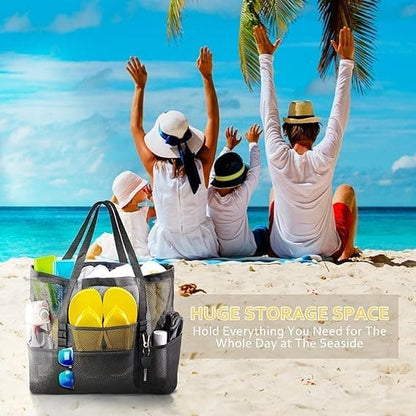 6 Pockets Mesh Beach Bag, Foldable Picnic Bag for Family, Compatible with Oral-B, Large, Black V1188-MS-325-1821