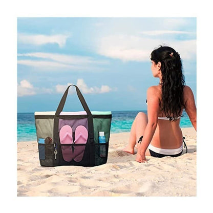 6 Pockets Mesh Beach Bag, Foldable Picnic Bag for Family, Compatible with Oral-B, Large, Black V1188-MS-325-1821
