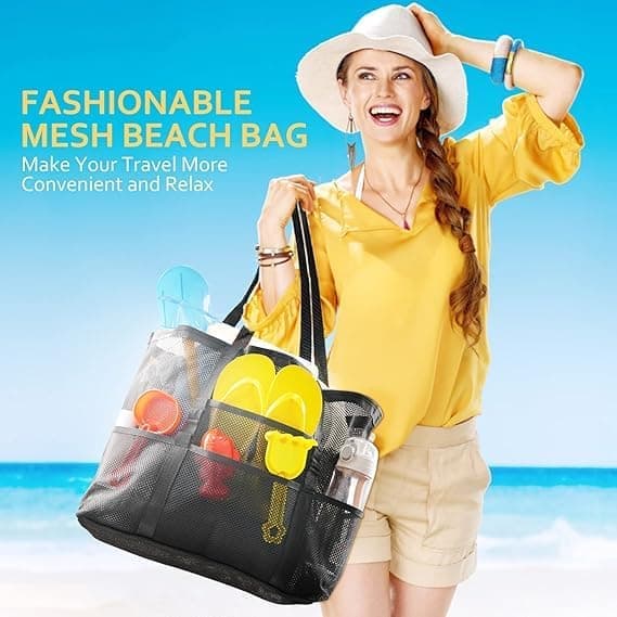 6 Pockets Foldable Mesh Beach Bag for Family Picnic, One Size, Blue V1188-MS-325-1822