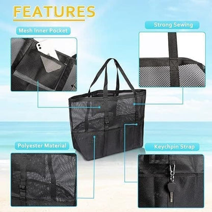 6 Pockets Foldable Mesh Beach Bag for Family Picnic, One Size, Blue V1188-MS-325-1822