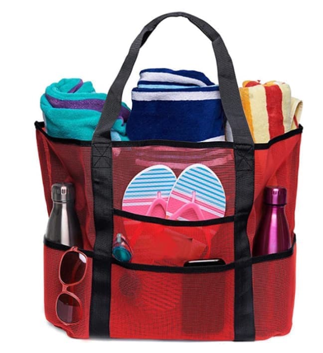 6-Pocket Foldable Mesh Beach Bag for Family Picnic, One Size, Red V1188-MS-325-1824