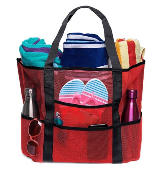 6-Pocket Foldable Mesh Beach Bag for Family Picnic, One Size, Red V1188-MS-325-1824