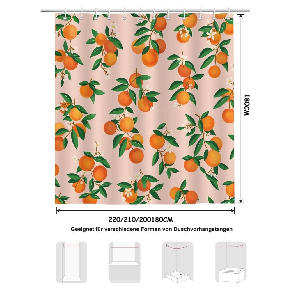 3D Fruit Shower Curtain Waterproof Mold Resistant with 12 Hooks, 70x72 inches, Orange V1188-MS-325-1827
