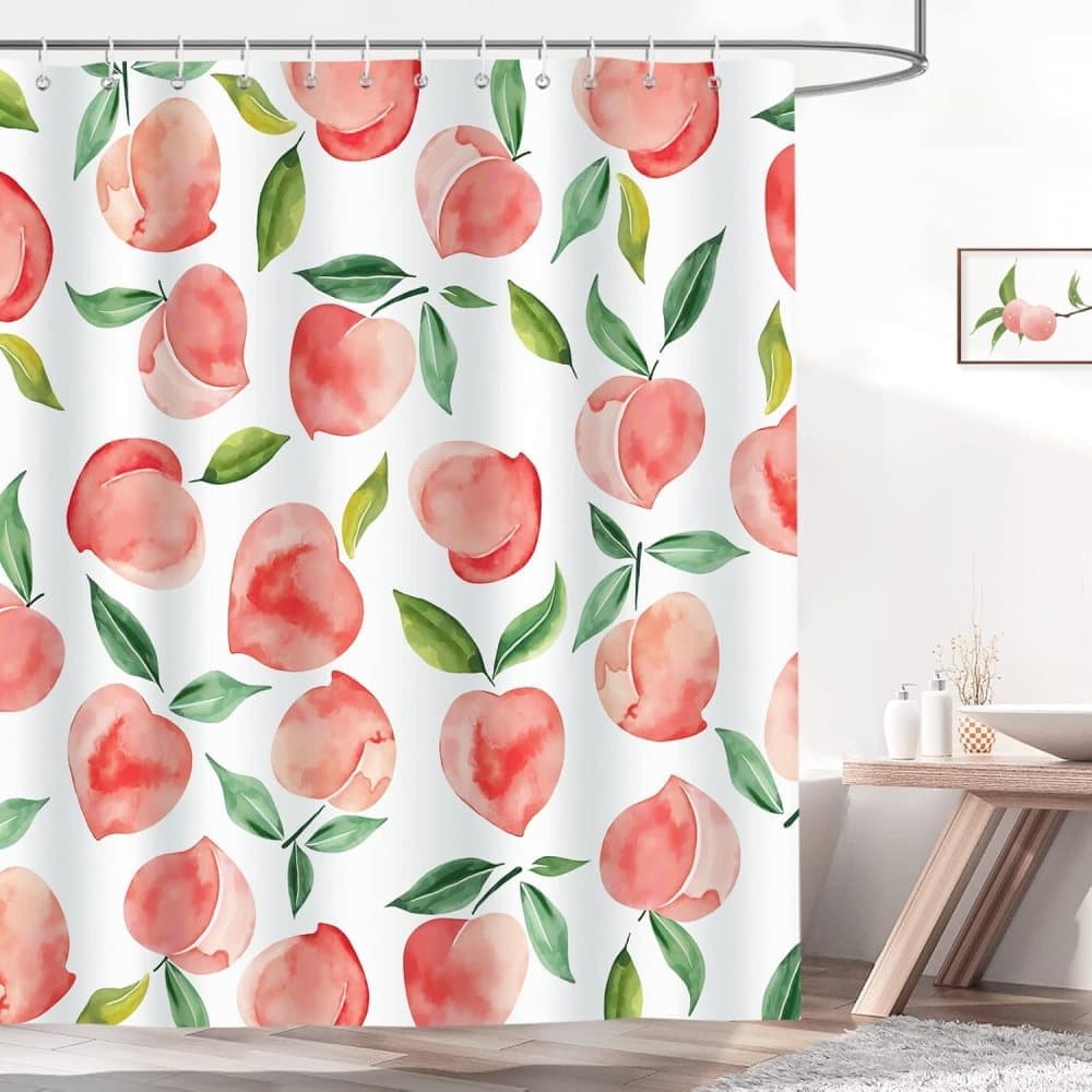 70x72 inches Shower Curtain 3D Fruit Motif Waterproof Mold Resistant with 12 Hooks, Pink V1188-MS-325-1828