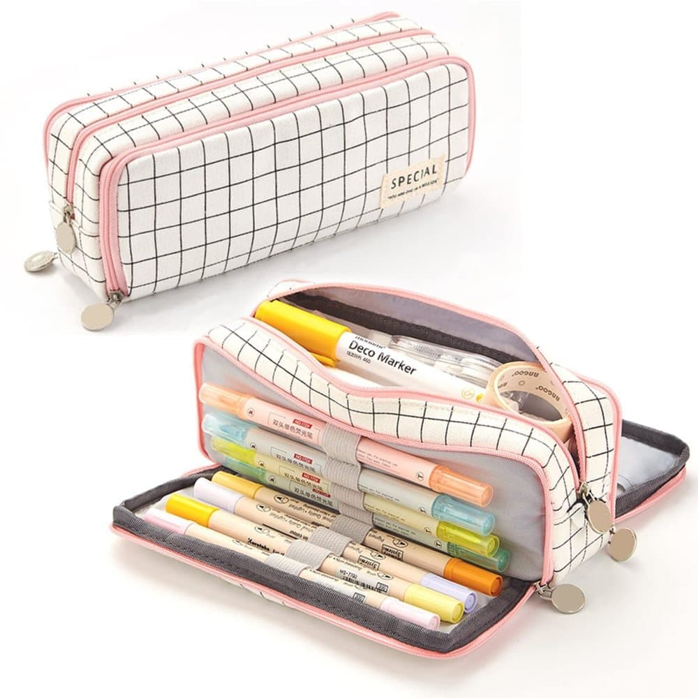 White Spacious Pencil Case with 3 Compartments, School Pencil Bag, Multifunctional Holder V1188-MS-325-1835
