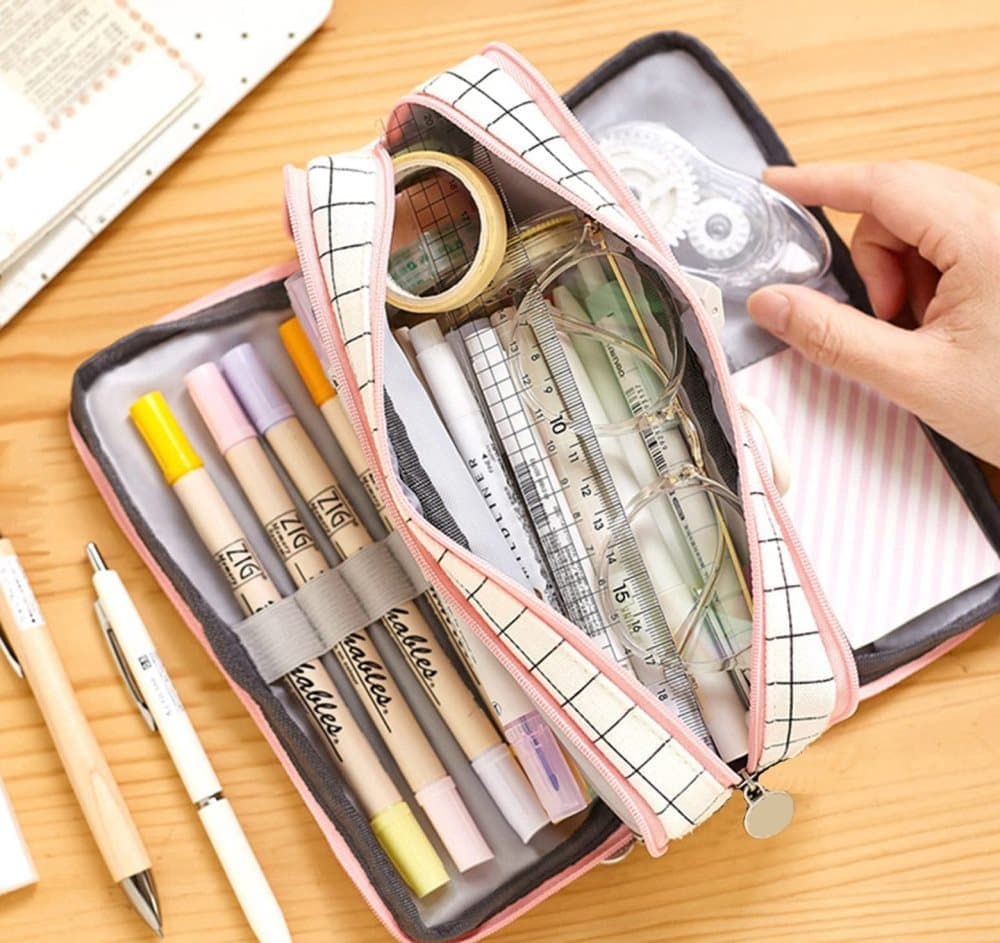 White Spacious Pencil Case with 3 Compartments, School Pencil Bag, Multifunctional Holder V1188-MS-325-1835