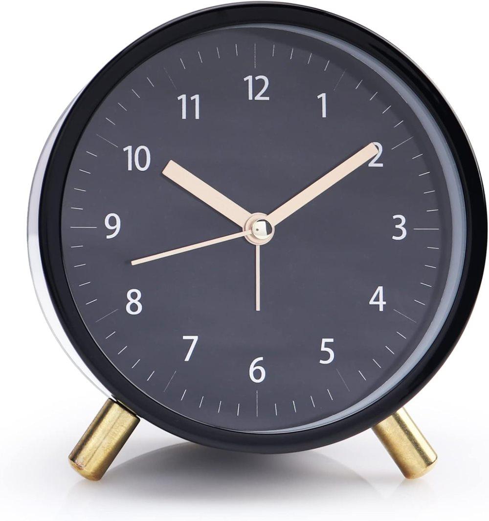 Silent Alarm Clock with Night Light and Backlight, Small Metal Clock for Bedroom Office Living Room, Black V1188-MS-325-1842