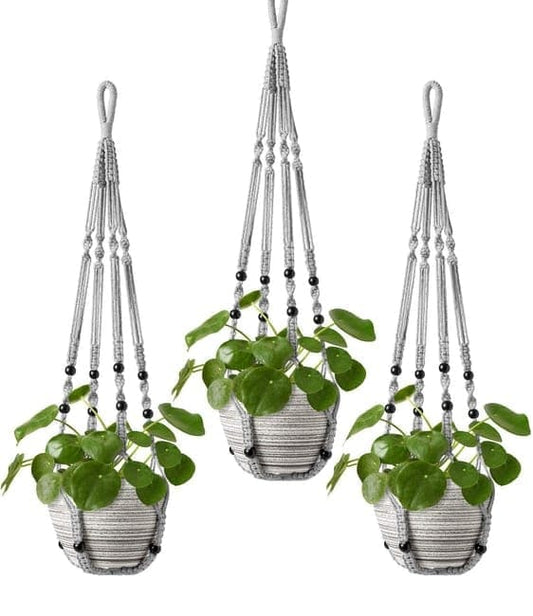 3 pcs Bohemian Plant Hanger for Indoor Plants with Braided Rope Beads and Lace Decoration, 35 Inch, Gray V1188-MS-325-1857