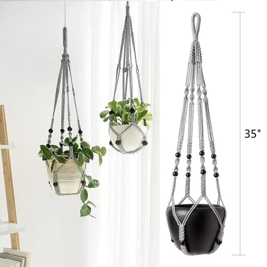 3 pcs Bohemian Plant Hanger for Indoor Plants with Braided Rope Beads and Lace Decoration, 35 Inch, Gray V1188-MS-325-1857