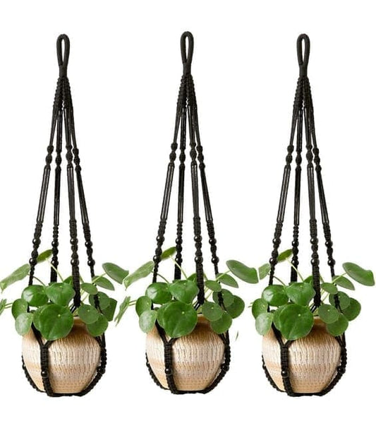 3 pcs Bohemian Plant Hanger for Indoor Plants with Braided Rope Beads and Lace Decoration, 35 Inch, Black V1188-MS-325-1858