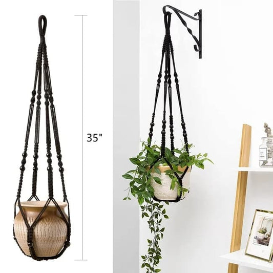 3 pcs Bohemian Plant Hanger for Indoor Plants with Braided Rope Beads and Lace Decoration, 35 Inch, Black V1188-MS-325-1858