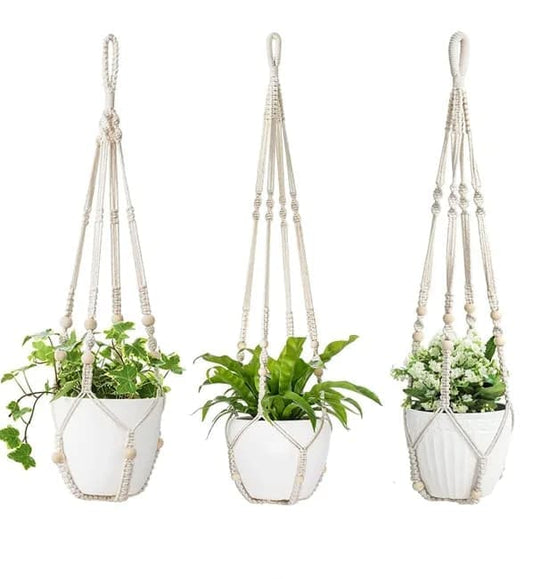 3 pcs Bohemian Plant Hanger for Indoor Plants with Braided Rope Beads and Lace Decoration, 35 Inch, White V1188-MS-325-1859