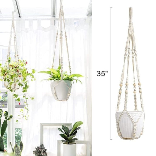 3 pcs Bohemian Plant Hanger for Indoor Plants with Braided Rope Beads and Lace Decoration, 35 Inch, White V1188-MS-325-1859