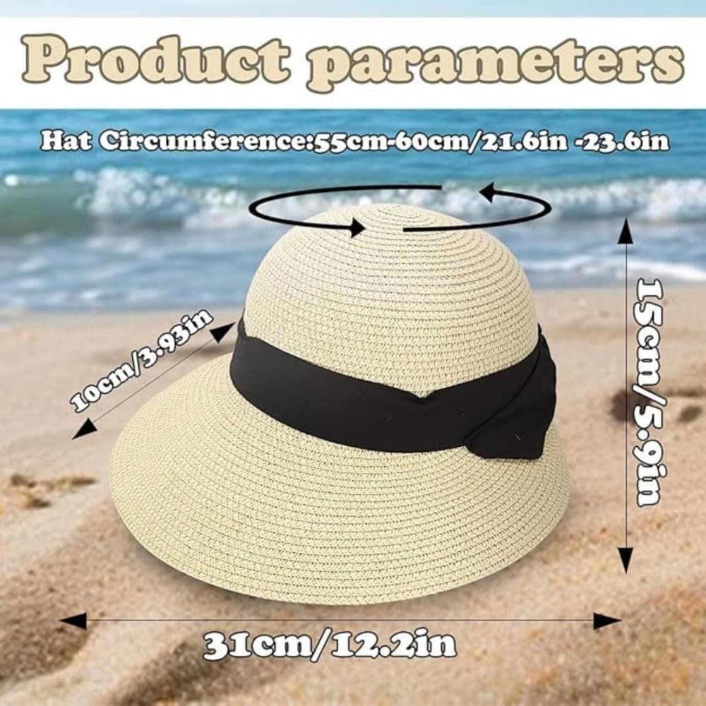 UV-protective Straw Beach Hat Wide Brim Foldable Breathable for Summer Outdoor, Beige V1188-MS-325-1863