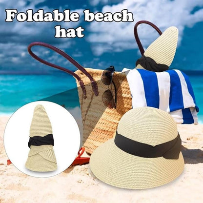 UV-protective Straw Beach Hat Wide Brim Foldable Breathable for Summer Outdoor, Beige V1188-MS-325-1863