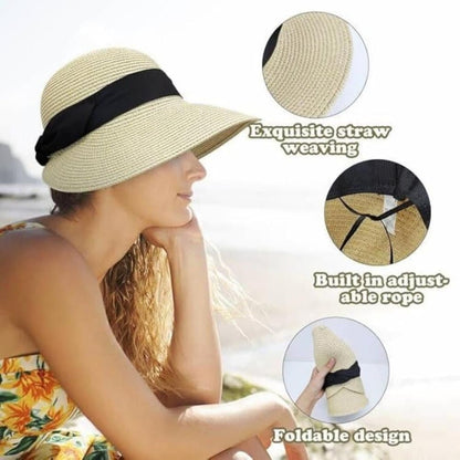UV-protective Straw Beach Hat Wide Brim Foldable Breathable for Summer Outdoor, Beige V1188-MS-325-1863