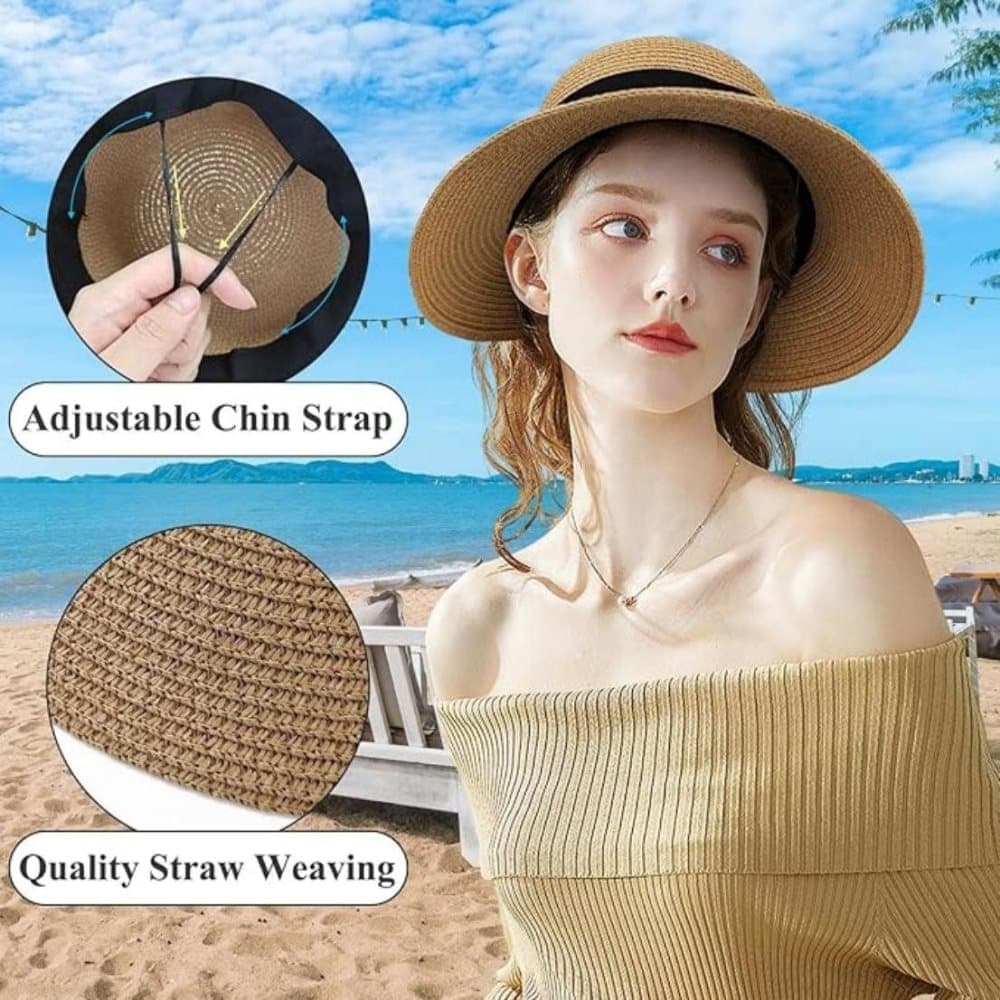 UV Protective Straw Beach Hat Wide Brim Foldable Breathable Summer Outdoor, Brown V1188-MS-325-1864
