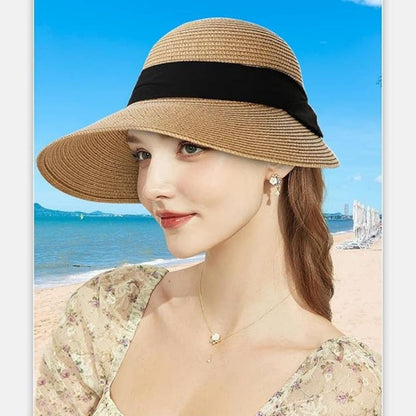 UV Protective Straw Beach Hat Wide Brim Foldable Breathable Summer Outdoor, Brown V1188-MS-325-1864