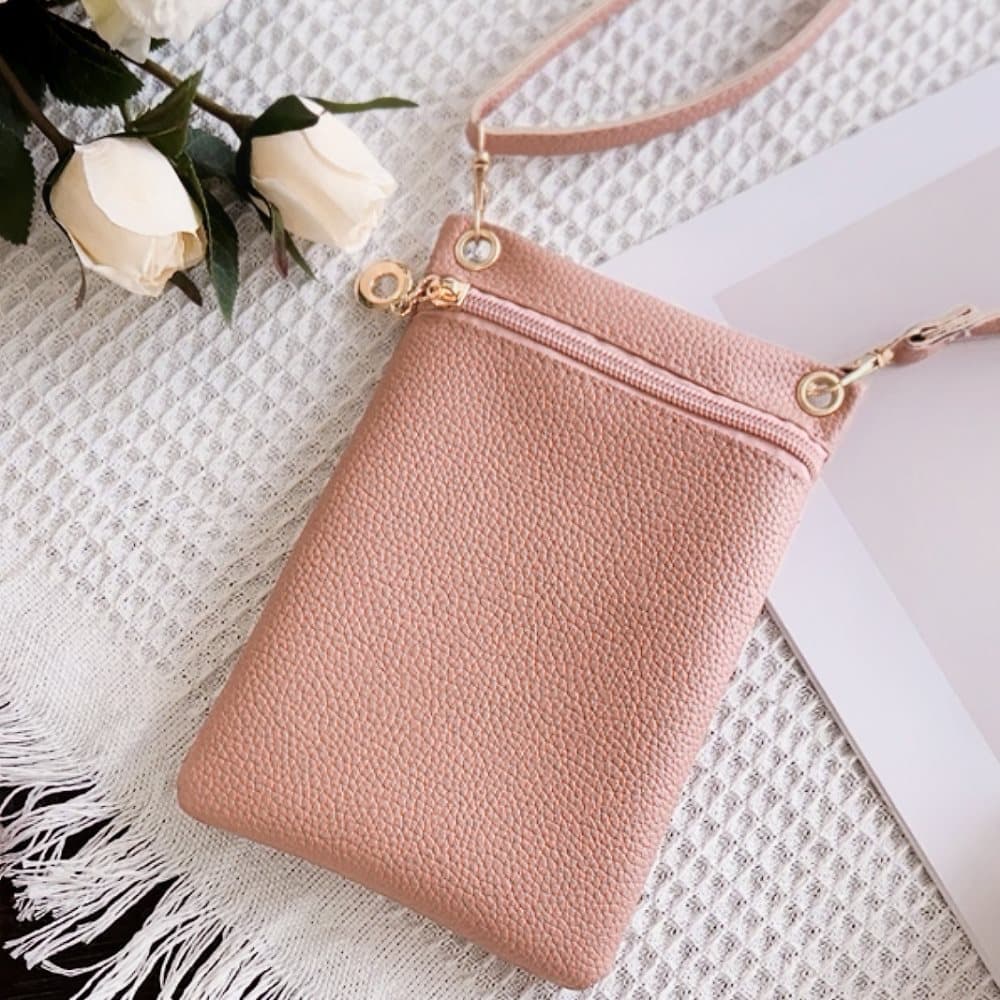 Pink Lychee Texture Phone Bag with Shoulder Strap, 19cm x 12.5cm V1188-MS-325-1869