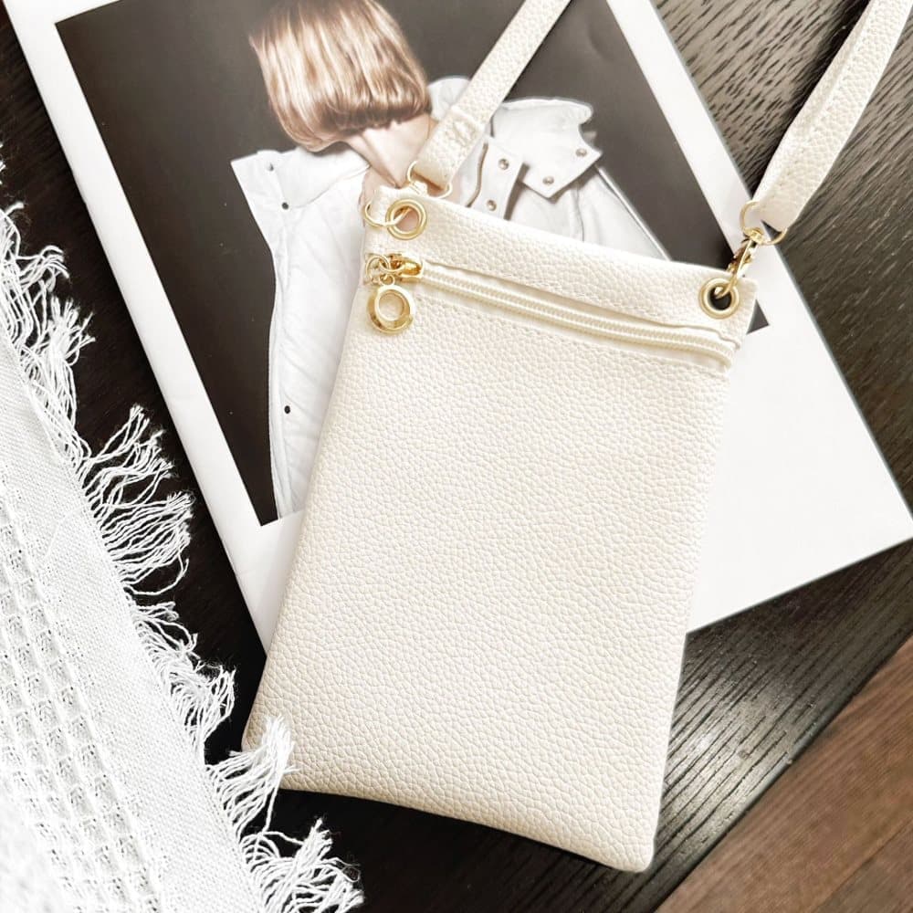 White Lychee Texture Phone Bag with Shoulder Strap, 19cm x 12.5cm V1188-MS-325-1871