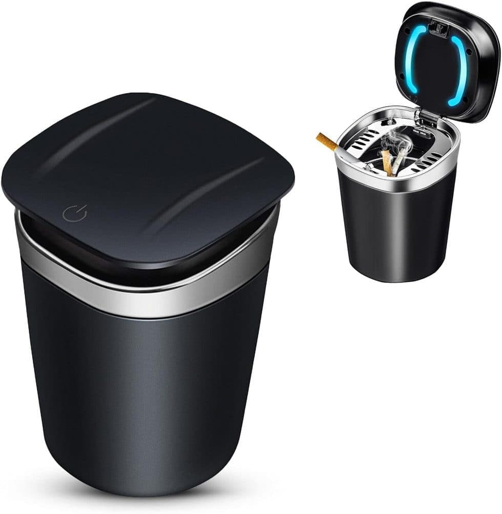 Portable Car Ashtray with Lid, Odorless Automatic Extinguishing & LED Light, Silver V1188-MS-325-1896
