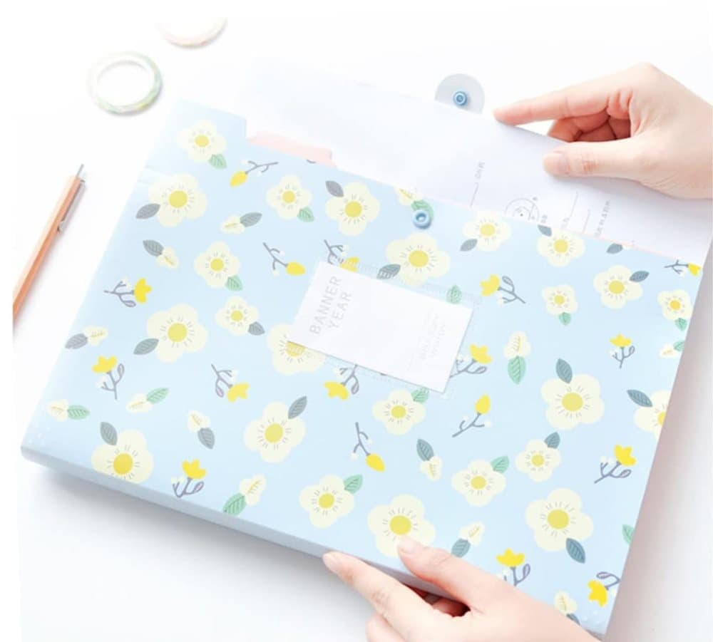 8 Compartments A4 Document Folder Waterproof Floral Pattern, with A4 Size, Yellow V1188-MS-325-1907