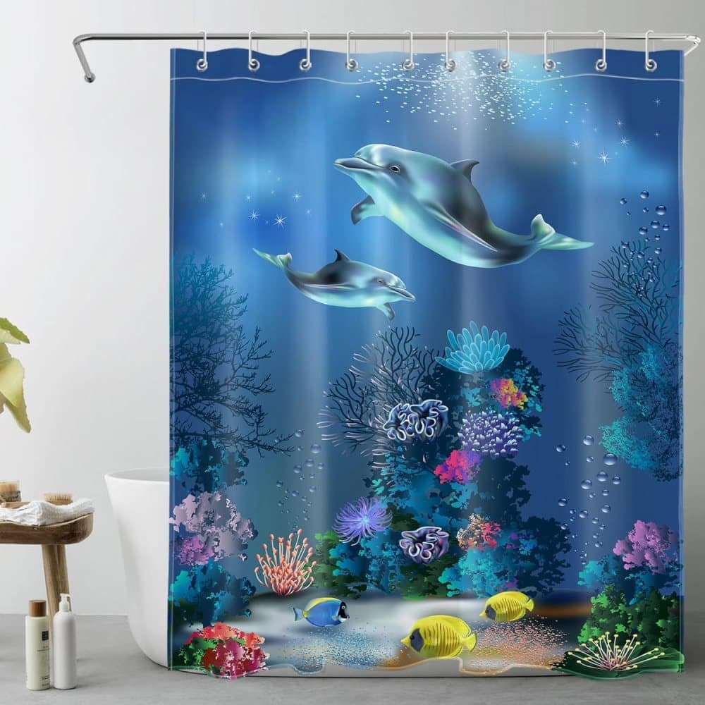 Waterproof Polyester Shower Curtain with Sea Turtle and Dolphin Motif, Mildew Resistant, Dark Blue, 180x200 cm V1188-MS-325-1914