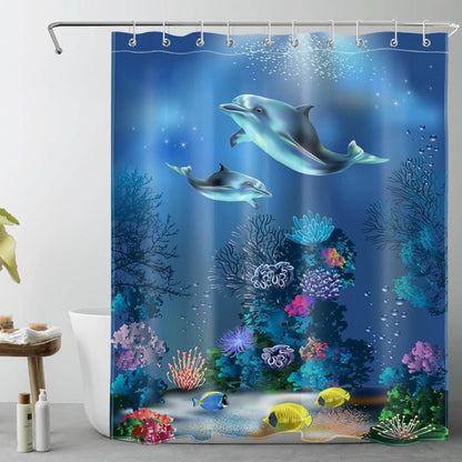 Waterproof Polyester Shower Curtain with Sea Turtle and Dolphin Motif, Mildew Resistant, Dark Blue, 180x200 cm V1188-MS-325-1914