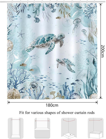 Waterproof Polyester Shower Curtain with Sea Turtle and Dolphin Motif, Mildew Resistant, Dark Blue, 180x200 cm V1188-MS-325-1914