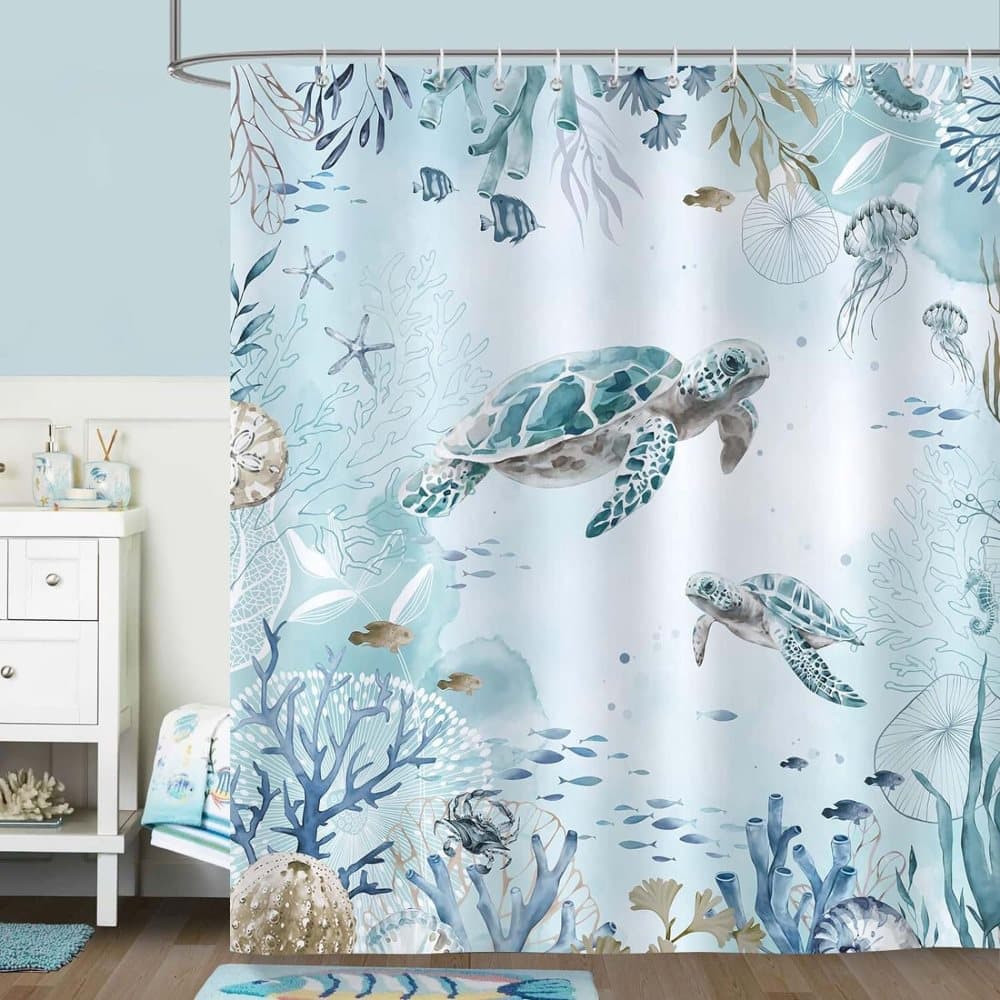 Waterproof Polyester Shower Curtain with Sea Turtle and Dolphin Motif, Mildew Resistant, Light Blue, 180x200 V1188-MS-325-1915