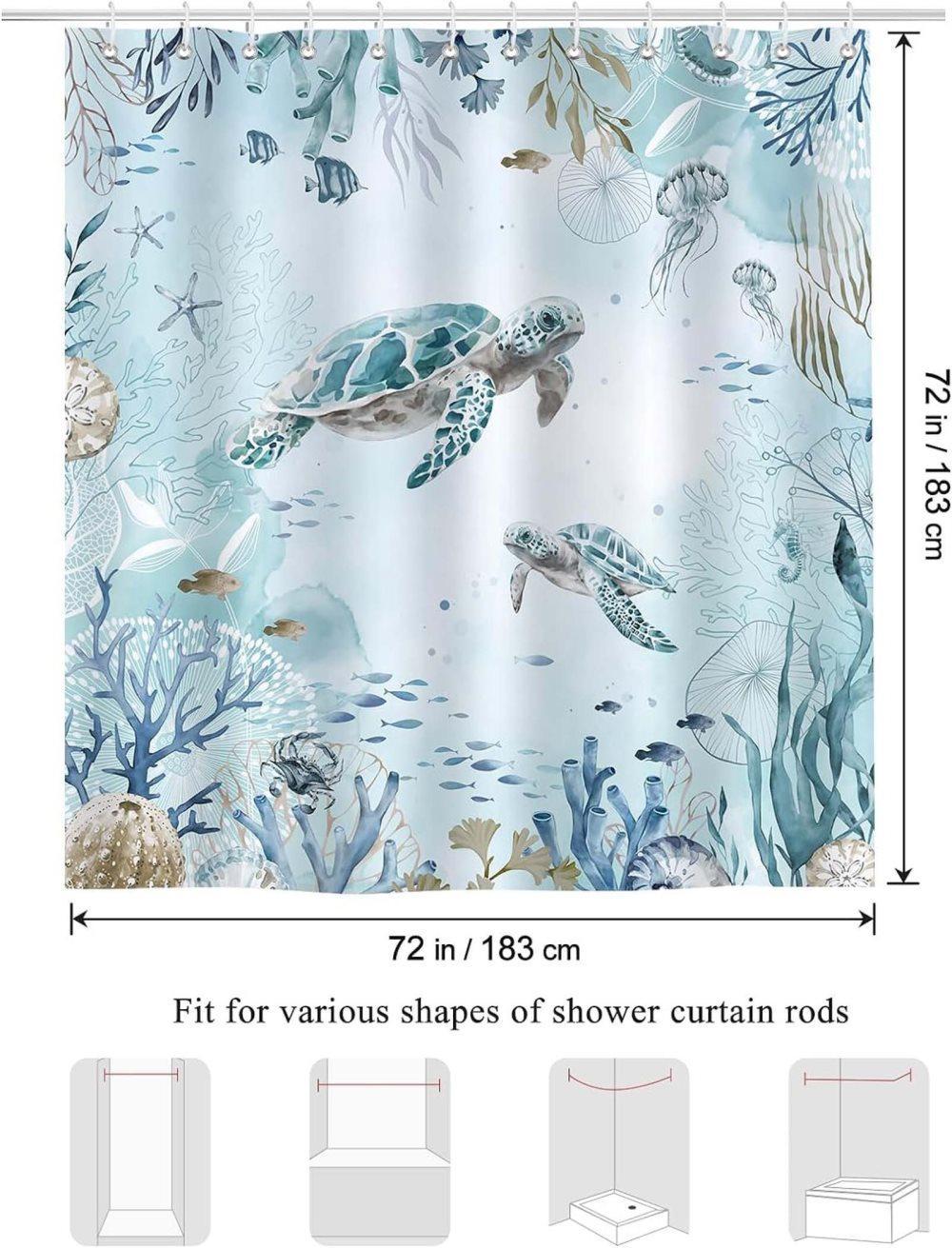 Waterproof Polyester Shower Curtain with Sea Turtle and Dolphin Design, Mildew Resistant, Light Blue, 180x180 V1188-MS-325-1916
