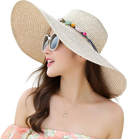 Women's Wide Brim Straw Hat UPF50+ Sun Protection Foldable Beach Hat for Summer, Beige V1188-MS-325-1919