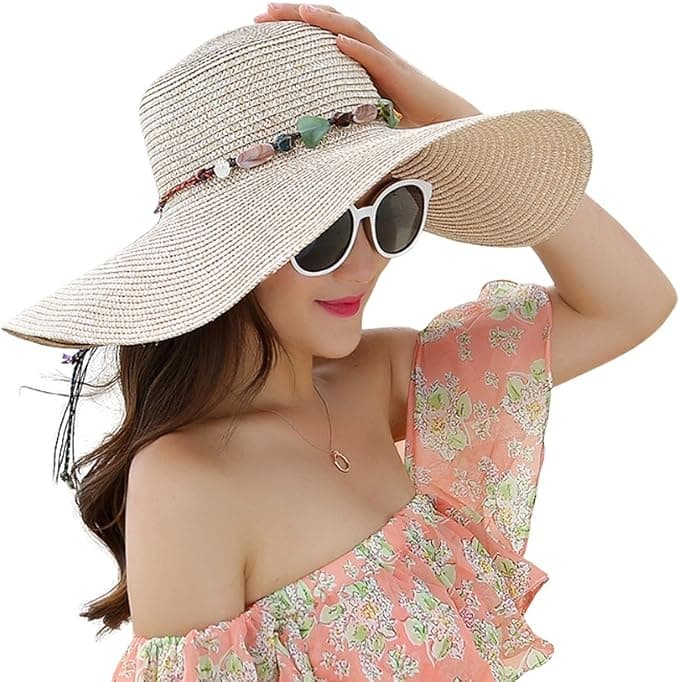 Women's Wide Brim Straw Hat UPF50+ Sun Protection Foldable Beach Hat for Summer, Beige V1188-MS-325-1919