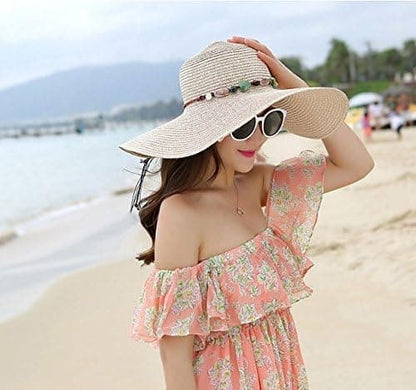 Women's Wide Brim Straw Hat UPF50+ Sun Protection Foldable Beach Hat for Summer, Beige V1188-MS-325-1919