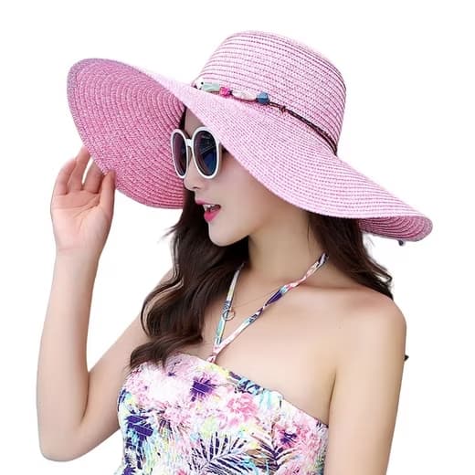 Foldable Straw Hat for Women UPF50+ Sun Protection Wide Brim, Pink, One Size V1188-MS-325-1920
